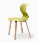 A green chair with wooden legs on a white surface