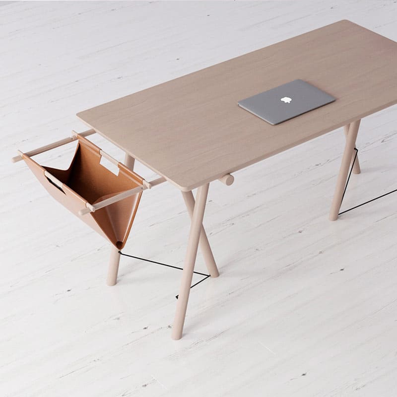 A wooden table with an open bin on the side.